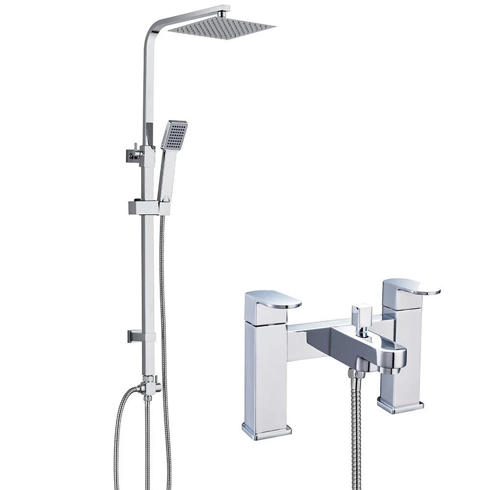 Chrome Bath Shower Mixer Tap With Square Modern 3 Way Shower Rigid Riser Kit