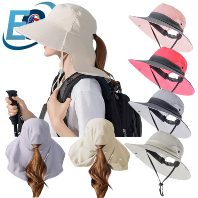 Foldable Neck Flap Wide Brim Sun Hat with Ponytail Hole Women main image 3