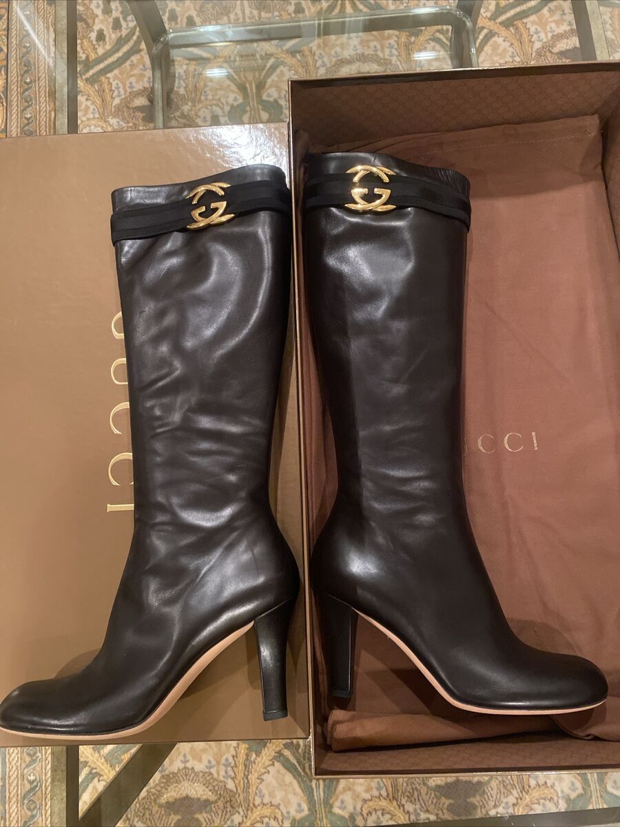 Gucci Boots G Logo Black Leather Knee High Sz 39 8.5 Old Gucci Boots G Logo Black Leather Knee High Sz 39 8.5 Old