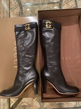 Gucci Boots G Logo Black Leather Knee High Sz 39 8.5 Old Money Quiet Luxury New
