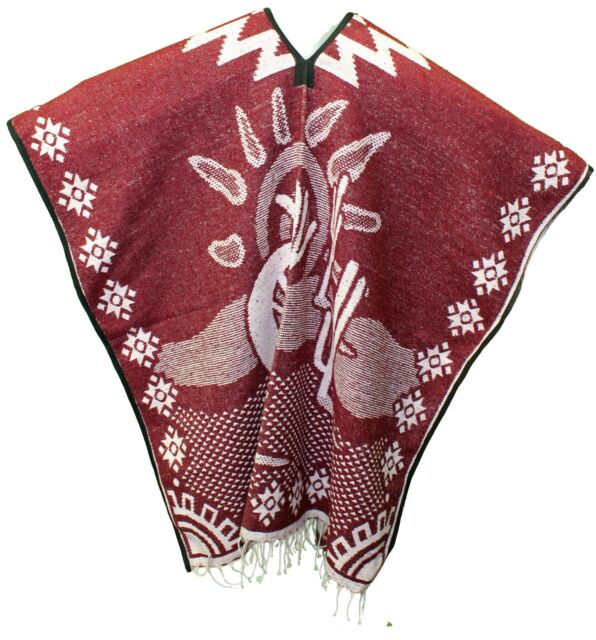 MEXICAN PONCHO Heavy Blanket Material - Flautista #2 BURGUNDY One Size SOUTHWEST