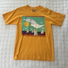 Vintage 80s Mens T-Shirt Large Yellow Screen Stars Single Stitch Sailing Seagull