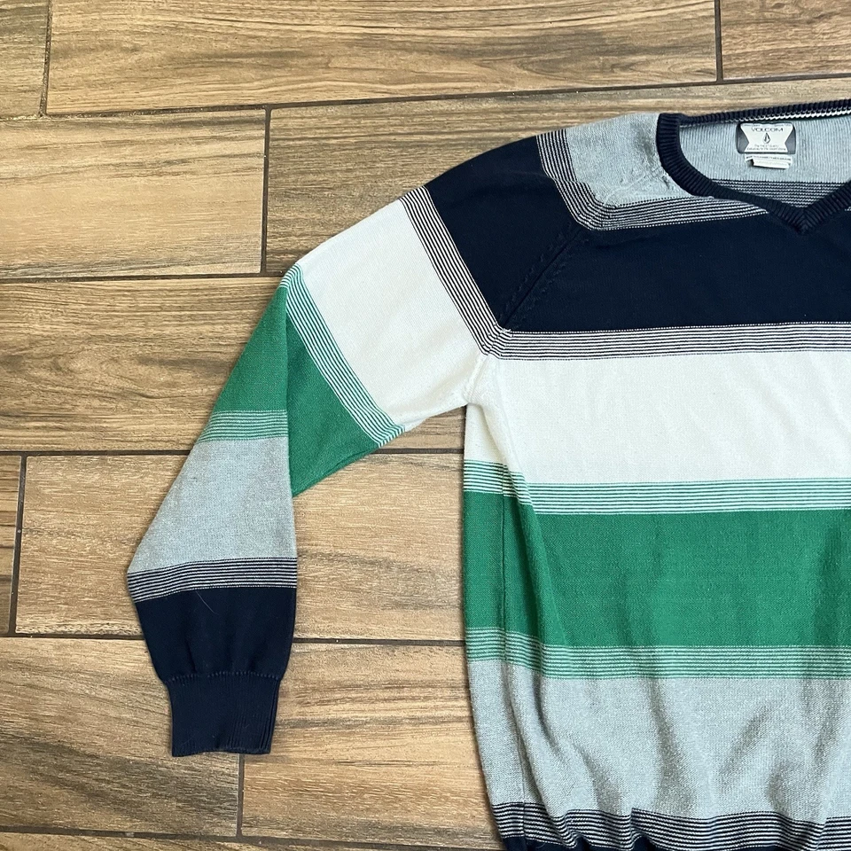 Volcom Men's XL Pullover Sweater Blue, White, Green Striped Knit - Image 2 of 4