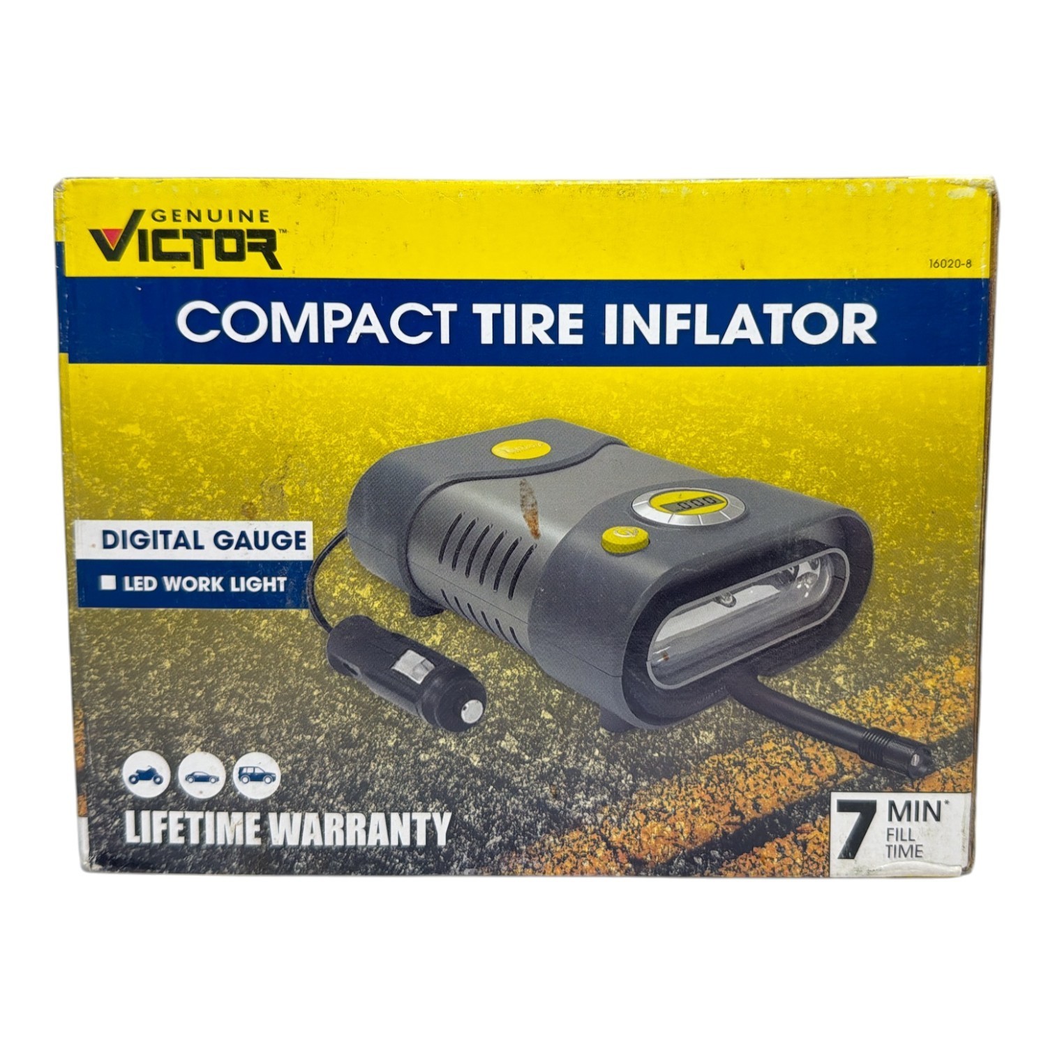 *Victor 16020-8 Compact 12V Car Tire Inflator, Led Work Light -New In Box