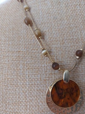 2 Strand Goldtone Necklace Brown Cat's Eye Beads Faux Tortoiseshell Goldtone...