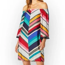 TRINA TURK Amaris Off-Shoulder Mini Dress XS Jet Set Chevron Retails $295
