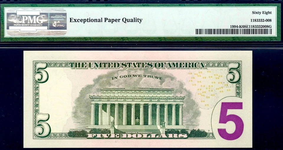 2009 $5 Dallas Federal Reserve Note 1994-K • PMG 68 EPQ • TOP POP 3/0 - Image 3 of 3