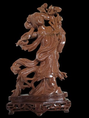Sparkling Chinese Goldstone Figurine of the Goddess Bodhisattva Holding Flowers