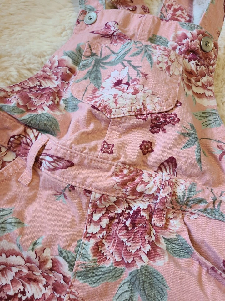 Childrens Place Girls Size 6x/7 Pink Butterfly Rose Denim Shortalls Snap Closure - Image 2 of 4