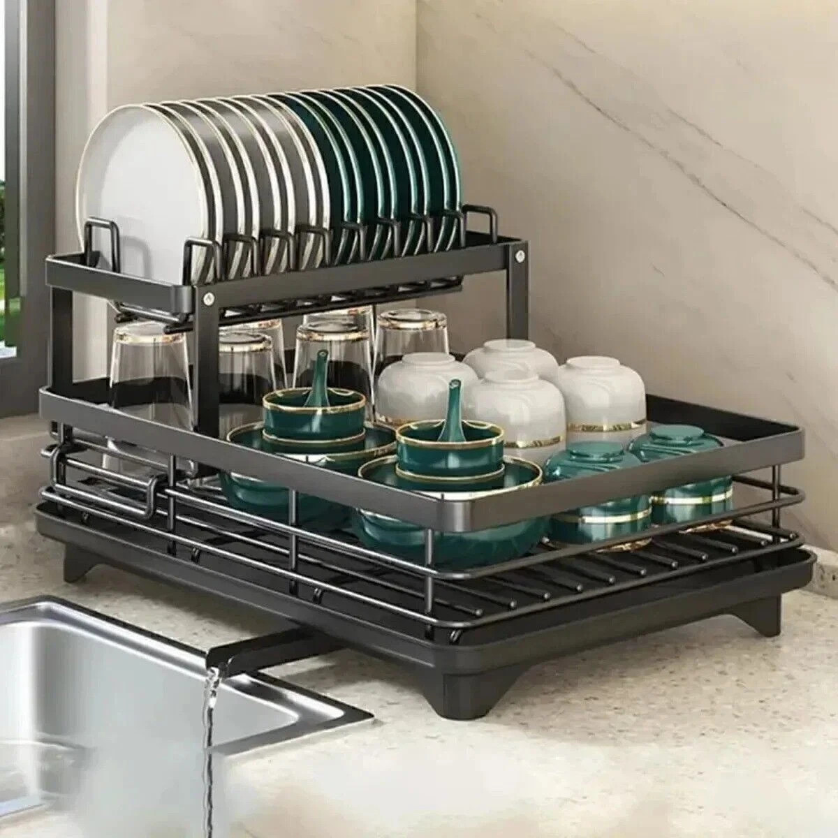 2 Tier Dish Drying Rack Kitchen Stainless Steel Organizer Bowl Drainer Storage