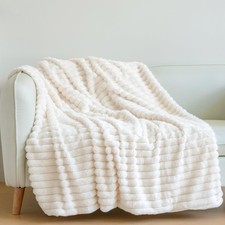 Faux Fur Beige Throw Blanket Fluffy Soft Plush Cozy Fuzzy Striped 50x60 Inch