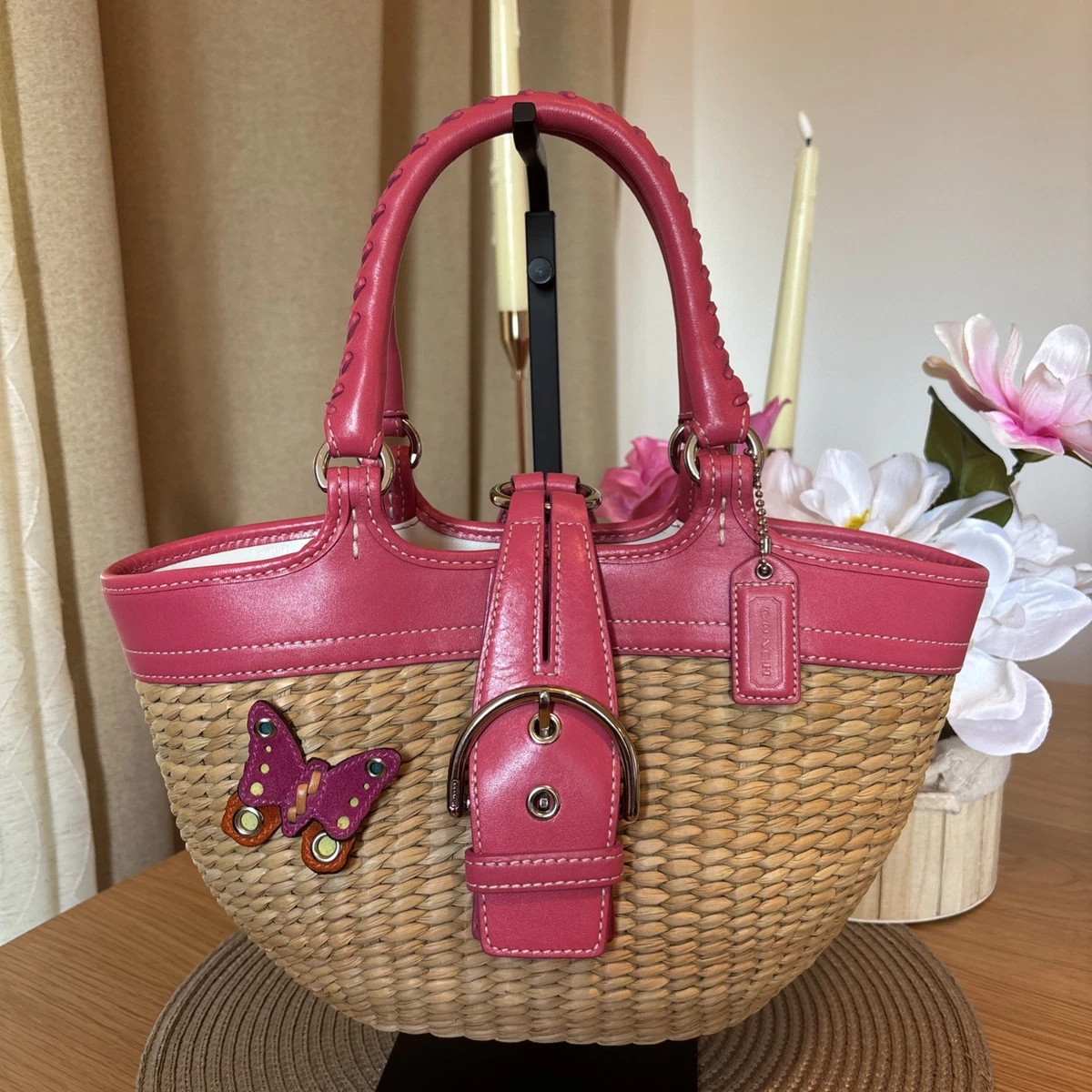 COACH かごバッグ ピンク レザー Butterfly Straw Bag Coach Butterfly Straw Exterior Bags & Handbags for Women for sale