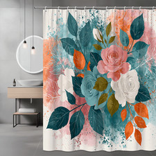 Floral Rose Leaves Shower Curtain Pink Blue Abstract Art