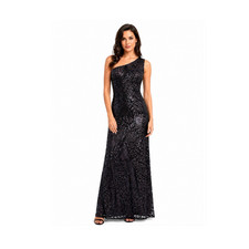 Black Sequin Mesh Gown, One Shoulder, Sleeveless, Long, Geometric Pattern