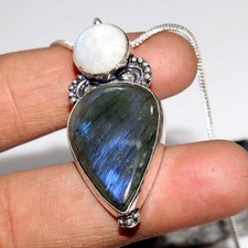 Collana Decente Fuoco Labradorite Arcobaleno Pietra di Luna Placcata Argento 925 17" GW