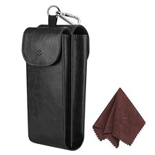 Vegan Leather Double Glasses Case with Carabiner Hook - Protective Soft Black