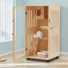 Wooden Large Indoor Cat Enclosure Catio Cage with Ramp and Covered Cat House Kit