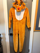 Reindeer Hooded One Piece Costume Full Zip Polyester Brown/White/Red Size 11-12Y