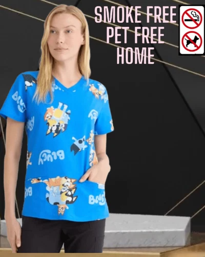 Bluey Women's  SIZE S 4-6 Scrub Top Collection V Neck Short Sleeves COLOR Blue - Picture 1 of 21