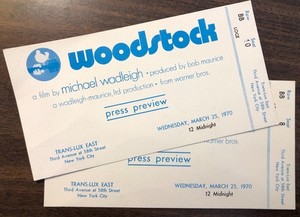2 WOODSTOCK TICKETS FOR THE MOVIE PRESS SCREENING TRANS-LUX EAST MARCH 25, 1970