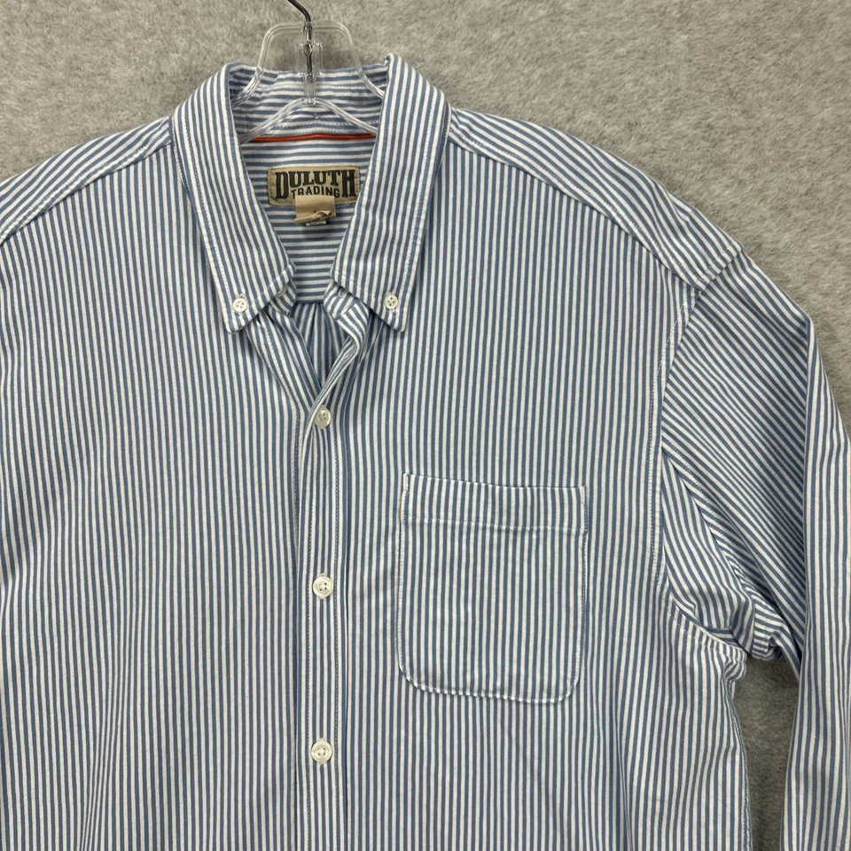 Duluth Trading 衬衫男式大号蓝色山核桃条纹火车指挥弹力柔软 — 第 2/4 张图片