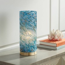 Coastal Accent Table Lamp 13 1/2" High Blue Art Glass Cylinder Shade for Bedroom