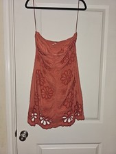 Free People Reddish Coral Mini Dress with Floral Applique, Size XL