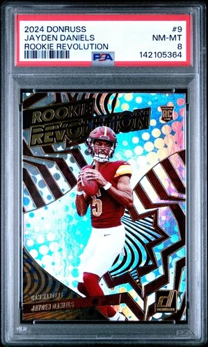 142105364 Jayden Daniels 2024 Panini Donruss #9 Rookie Revolution RC PSA 8
