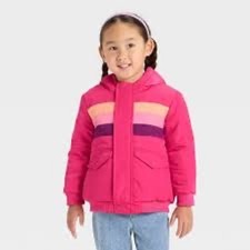 Cat  Jack Girls Dark Pink Striped Puffer Jacket Hooded Winter Coat 5T
