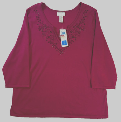 Worthington Blouse Women's Sz 20/22W Purple Embroider Beaded Sweater Top NWT