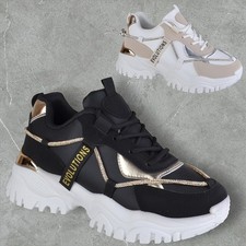 WOMENS LADIES DIAMANTE CHUNKY PLATFORM LACE UP TRAINERS PUMPS SPORTS SHOES SIZE