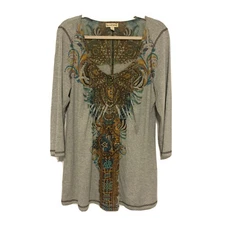 Live and Let Live Top XL Multicolor Boho Printed Stretch Scoop Neck Blouse