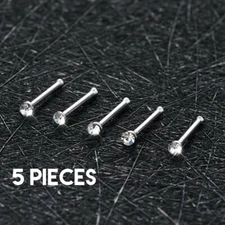 5 Piece Lot of Surgical Steel Pin Shaped Silver Nose Rings Clear Color 20G Studs