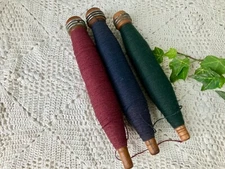 VTG 3 Factory Bobbins Wooden Spools & Thread 8” Sewing Red Green Blue Primitive