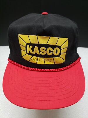 Vtg Kasco Dog Food Hat Cap Snapback Nissin Pet Black Red Yellow 6 Panel 1980's