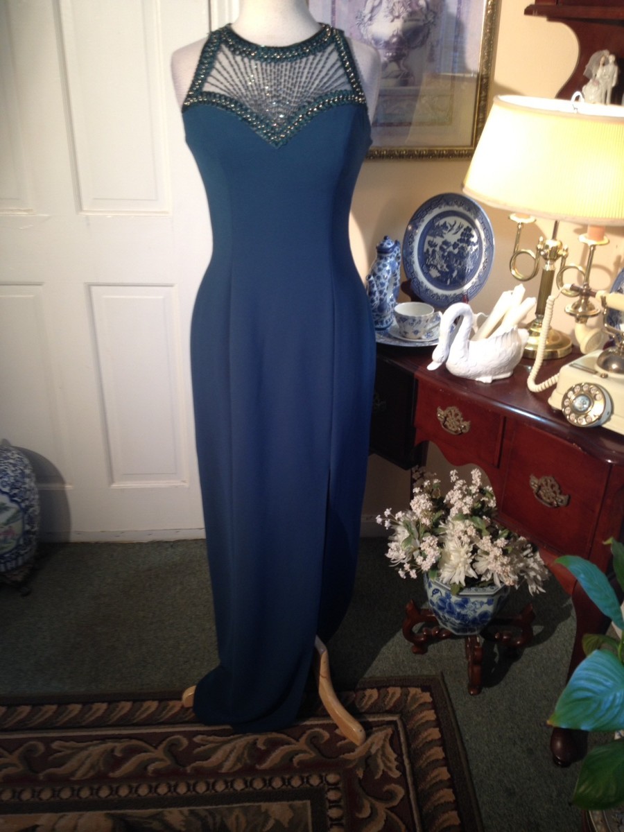 ALYCE DESIGNS BLUE EVENING DRESS-SIZE6-SHEER TOP WITH GOLD BEADS-BUILT IN  BRA!!!