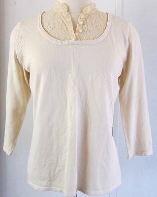 notations Sz Med WOMENS Cream Color SWEATER LACE PEARL BUTTONS w/TAG Lg Sleeve