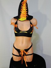 Exotic dancer stripper medium black/orange 3 pc bikini dance outfit-dancewear