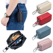 Genuine Leather Car Key Holder Case for Unisex, 2 Sides Pocket with Metal Hook