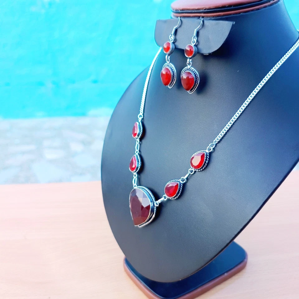Red Topaz Gemstone Jewelry Sets 925 Sterling Silver Handmade Necklace Earring - Image 2 of 4