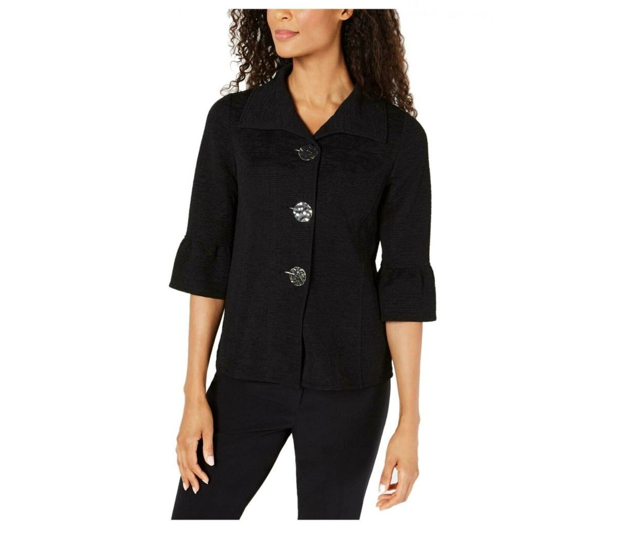 JM Collection Women L Deep Black Textured 3/4 Sleeve Three Button