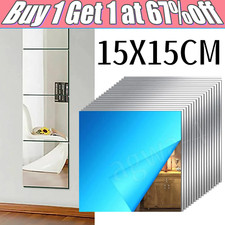 9X Glass Mirror Tiles Wall Sticker Self Adhesive Square Stick On Art Home Decor