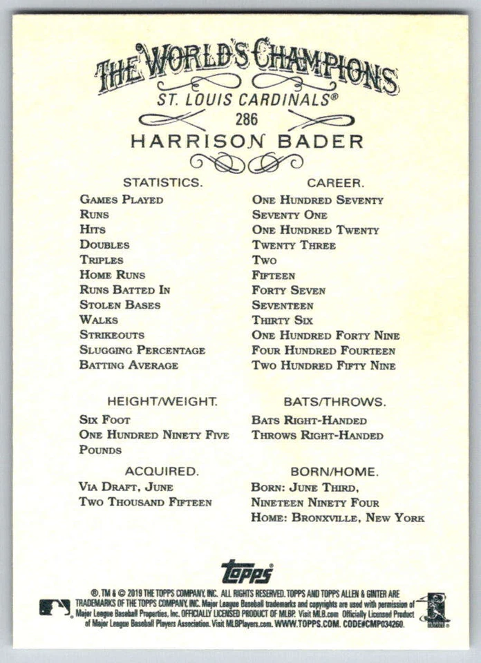 2019 Topps Allen and Ginter Gold Border #286 Harrison Bader (ref 168599) - Image 2 of 2