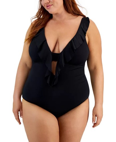 Becca ETC Color Code Ruffled One Piece Swimsuit Black Plus Size 2X 20 22