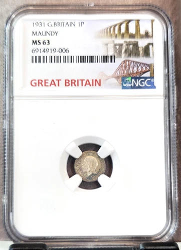 1931 GREAT BRITAIN SILVER 1 PENCE GEORGE V MAUNDY NGC MS 63 SCARCE COIN