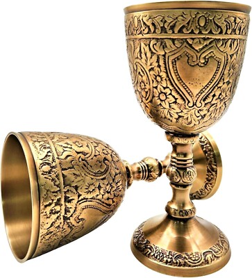 Antiqu Brass Gothic Roman Goblet Chalice Floral Design Elegant Wine Drinking Cup