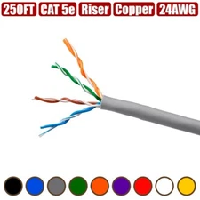 250FT Cat5e Network LAN Ethernet UTP Cable Cord CMR Riser Copper Solid Bulk Wire