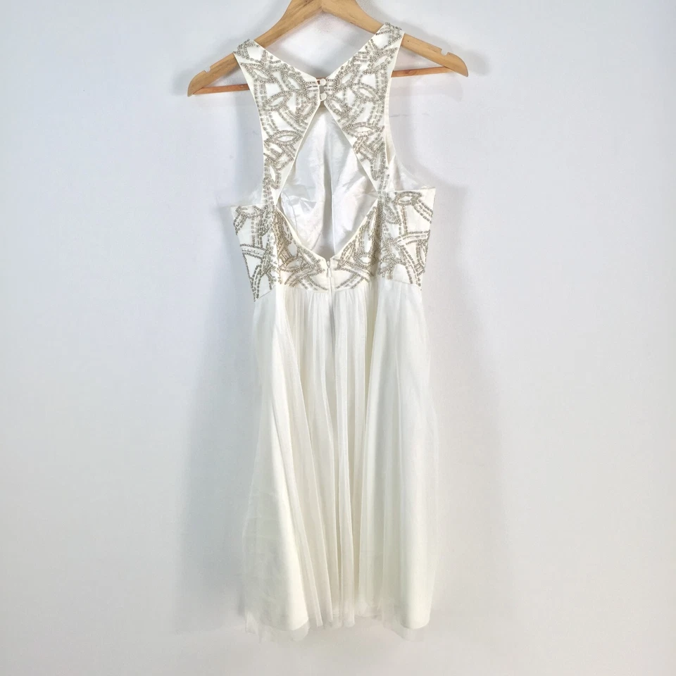 Vestido mujer George talla 8 ajuste acampanado blanco cuentas sin mangas mezcla seda 082412 Foto 3 de 4