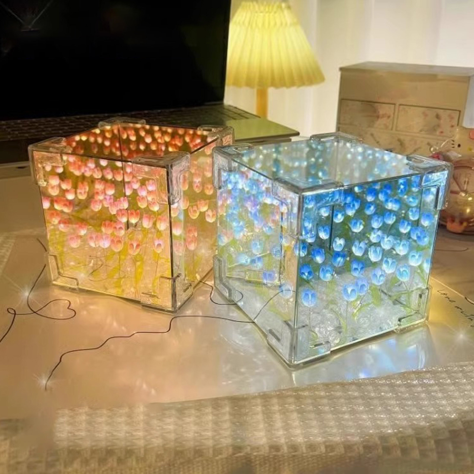 3D Cloud Tulip LED Night Light Flower Sea Mirror Table Lamps Bedroom Ornaments-image