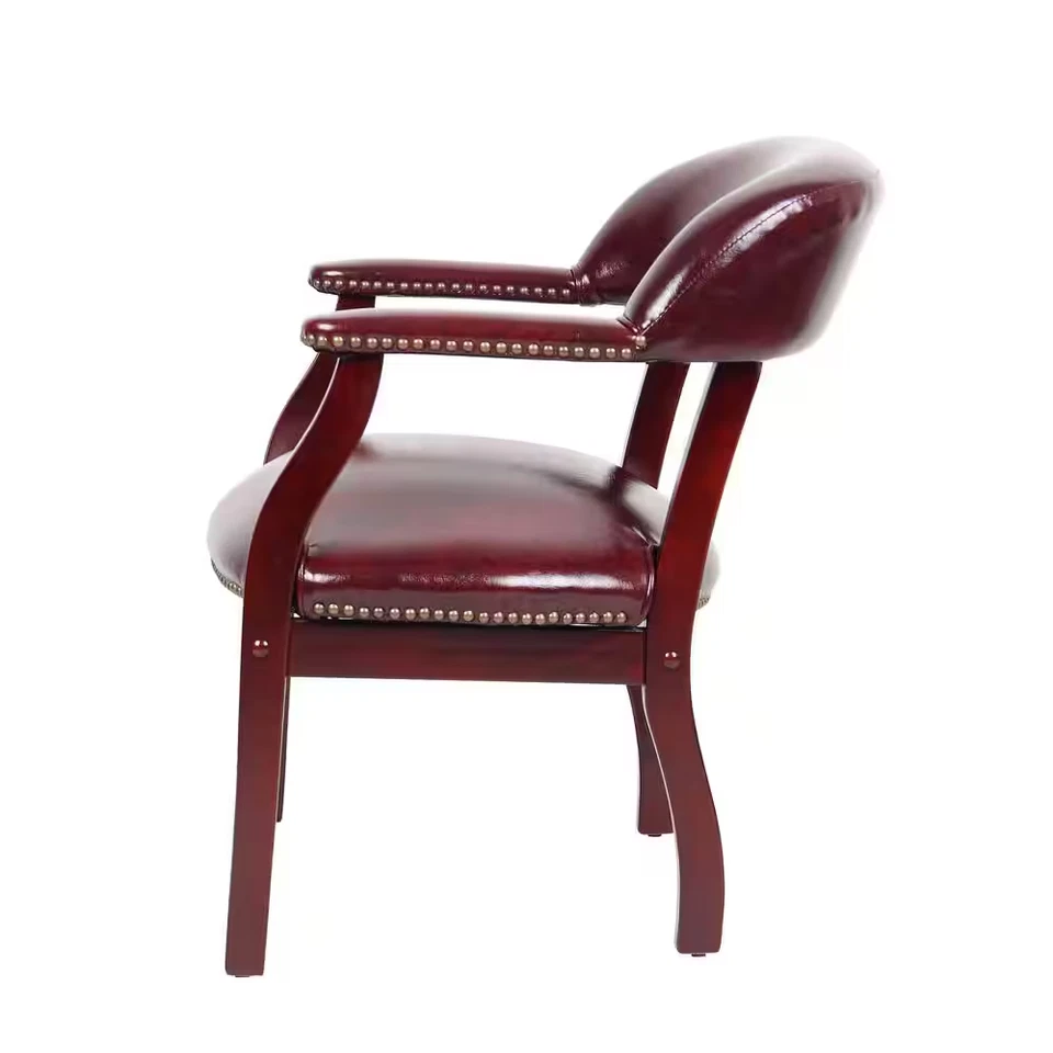 Captains Chair Burgundy Vinyl Mahogany Brass Nail Heads Classic Traditional - Image 4 of 4